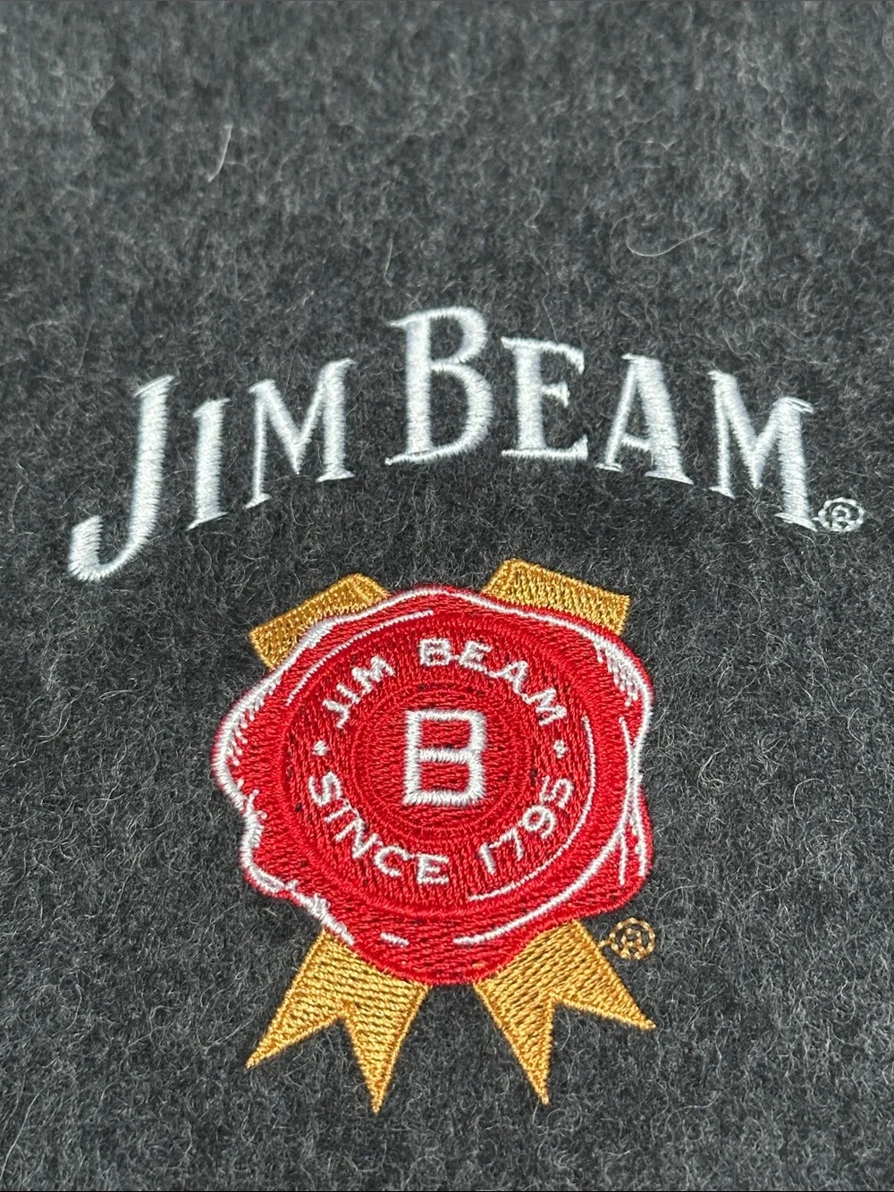 Vintage Jim Beam Charcoal Gray Embroidered 100% Wool Fringed Winter Scarf NEW!